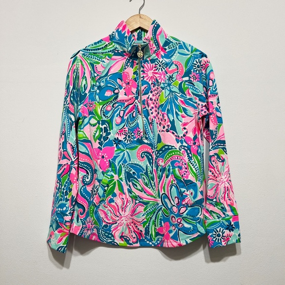 NEW Lilly Pulitzer UPF 50+ Skipper Popover Sweater Turquoise Oasis Golden Hour S - Picture 1 of 4